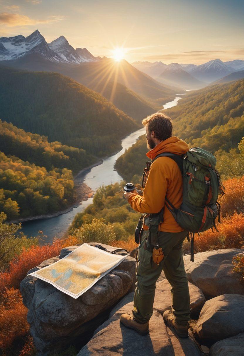 A rugged individual dressed in outdoor gear standing triumphantly on a rocky cliff, overlooking a vast wilderness landscape filled with dense forests, mountains, and a winding river. The person holds a compass and a map, embodying the essence of survival skills. A majestic sunrise bathes the scene in warm golden light, highlighting the beauty of nature. Include various survival tools like a knife, firestarter, and a backpack scattered around. breathtaking landscape. vibrant colors. super-realistic.