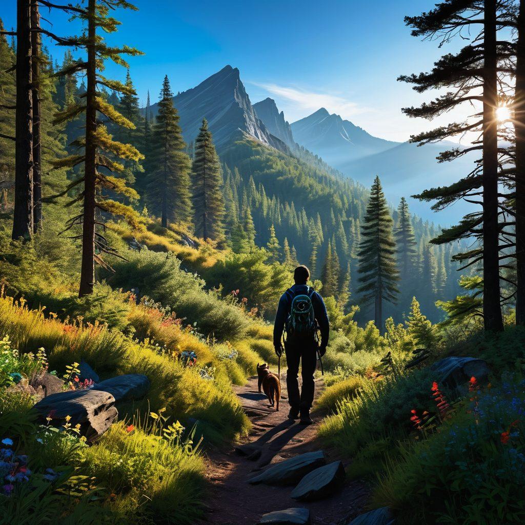 A stunning mountainous landscape showcasing a serene hiking trail leading into a dense forest, with a silhouette of a hunter preparing gear in the foreground. The scene is infused with vibrant greenery, wildflowers, and a clear blue sky. Add an adventurous spirit with a hint of sunlight peeking through the trees. super-realistic. vibrant colors. 3D.