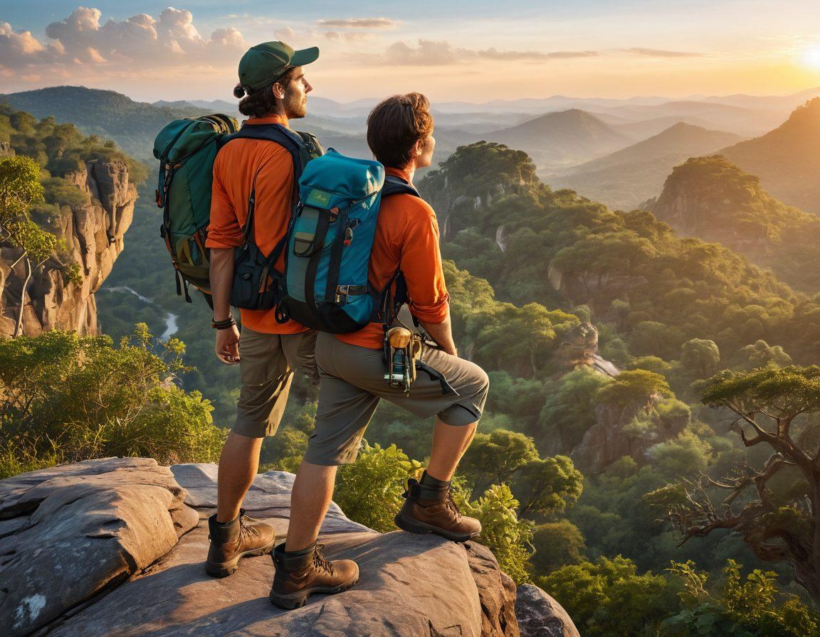 A daring adventurer in vibrant outdoor gear, poised on a rocky outcrop overlooking a breathtaking wilderness scene filled with lush greenery and wild animals like elephants and birds. Include a rugged backpack, binoculars, and a map in hand, with the sun setting behind them to create a dramatic atmosphere. Capture the essence of exploration and excitement. vibrant colors. super-realistic.